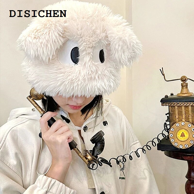 DISICHEN Luxury 2023 New Cute Cartoon Big Eyes Funny Puppy Plush Pullover Hat Female Autumn Winter Warm Thick Long Ear Protective Hat.