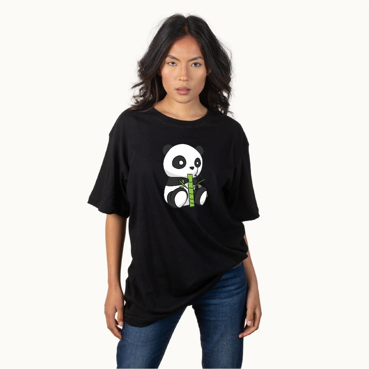 Black Casual Panda Printed Cotton T-Shirt For Women