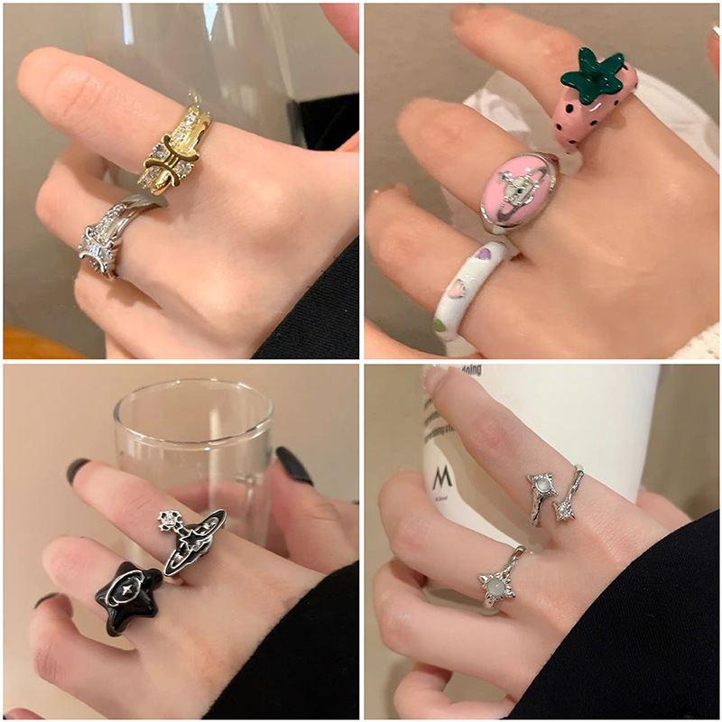 【Recently popular】Retro Dopamine Y2K Sweet Cool Enamel Cute Ring Female Niche Design Sense Adjustable BFF Couple Ring