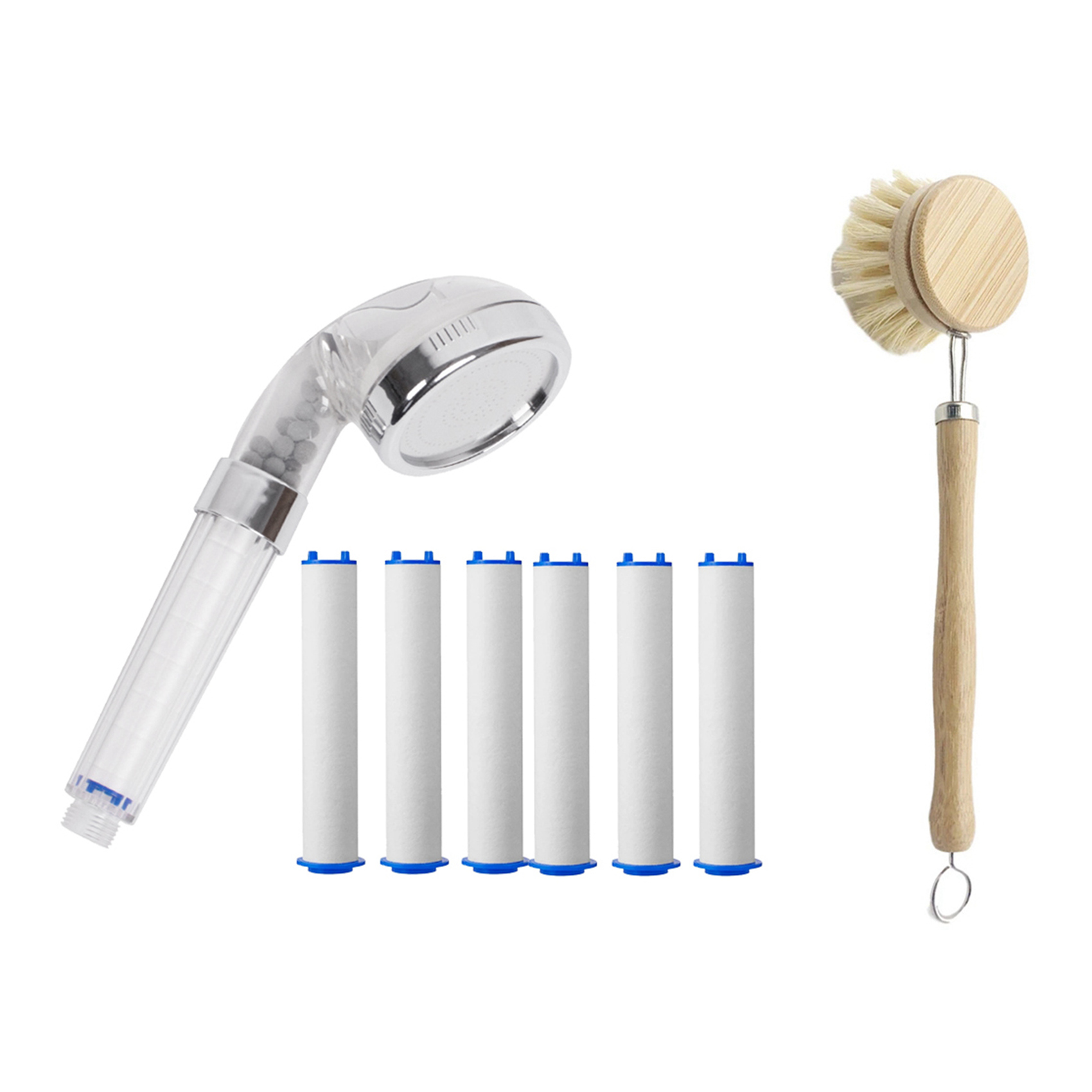 Wooden Handle Bamboo Bowl Brush, Long Handle Dish Washer & Bathroom Handheld Shower Water Saving Set with 6 Filters