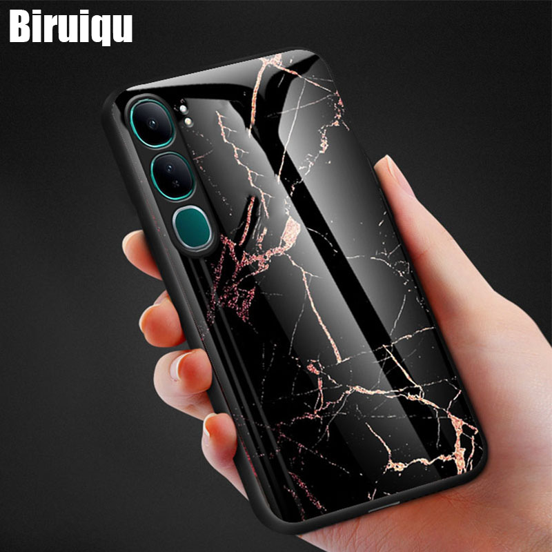 Biruiqu For VIVO Y200 Shockproof Fashion Marble Tempered Glass Back Case Cover