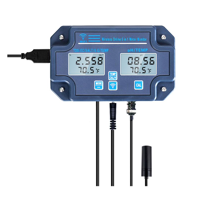 6-In-1 Digital Water Analyzer PH/EC/TDS/Salt/Gross Weight/Temperature Recording Online WiFi Water Quality Monitor (EU)