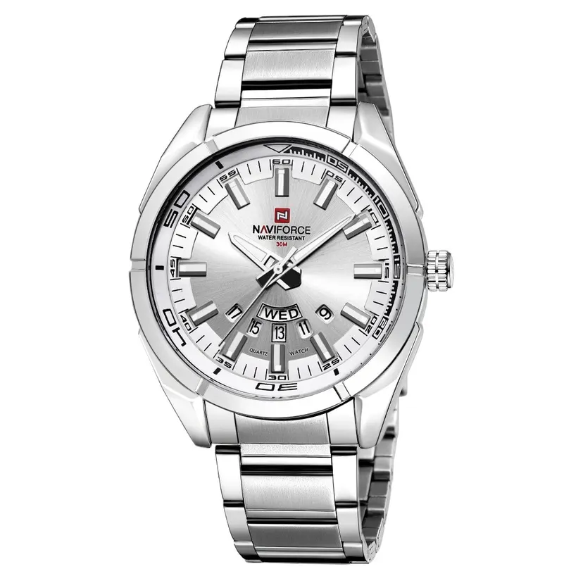 NAVI-FORCE Nf 9038 Date/Day Function Stainless Steel Watch For Men- Silver White