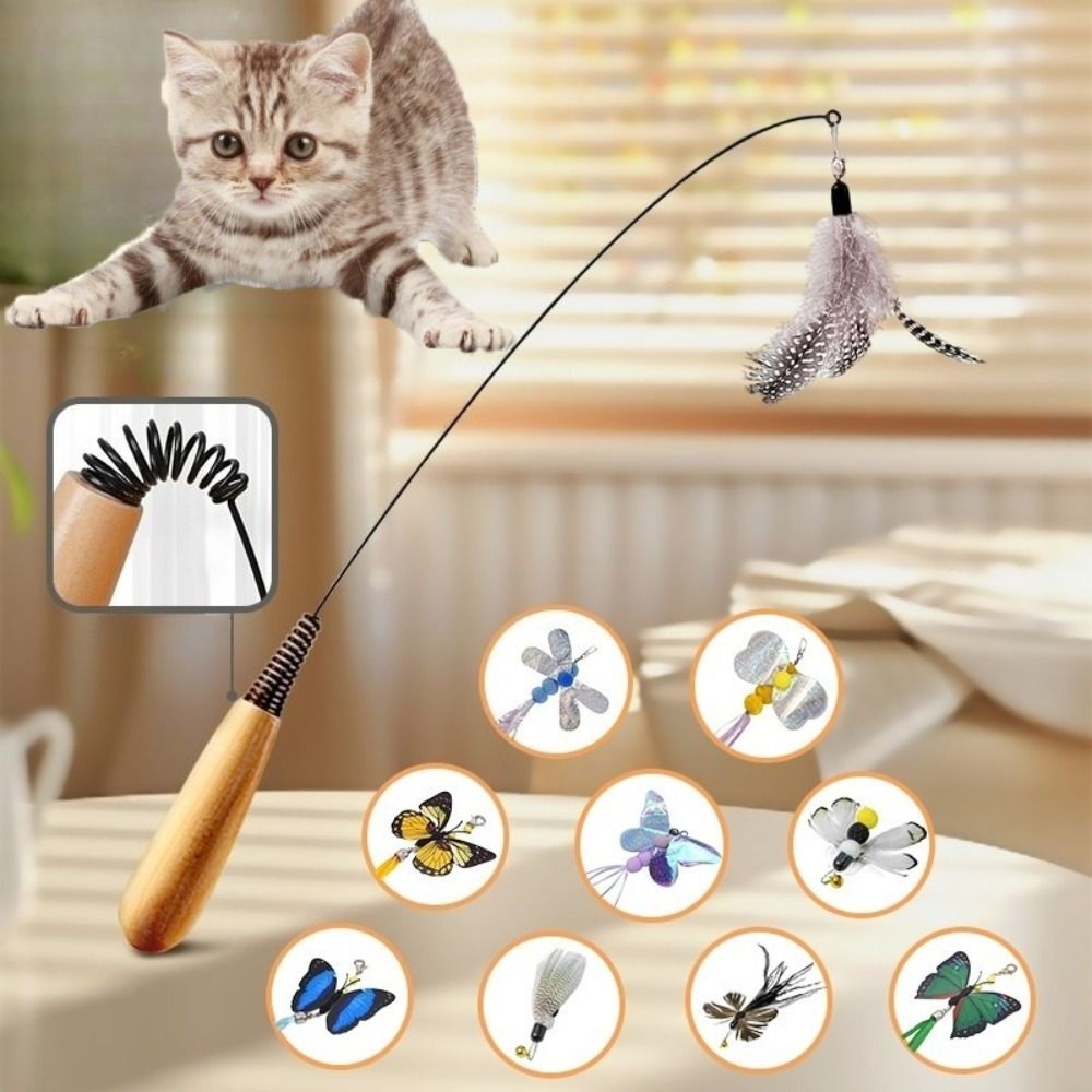 New Wooden Handle Spring Teasing Cat Stick Simulation Fishing Rod Interactive Cat Teaser Stick Toy Feather Replaceable Bell Squeaky Cat Toy
