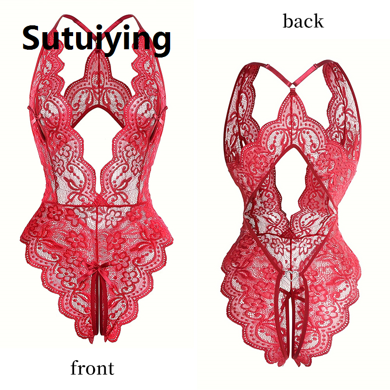Sutuiying Women Lace Lingerie Hollow Bra Set Deep V Open Bra Underwear Set Hot Transparent Bodysuit Dress
