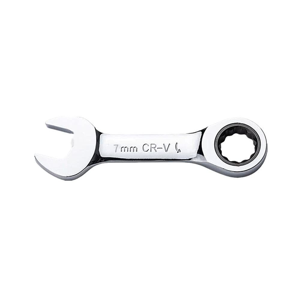 Professional 7mm Ratcheting Wrench Alloy Steel 72 Teeth Stubby Ratchet Spanner Short Fixed-Head Metric Combination Wrench for Projects with Tight Space