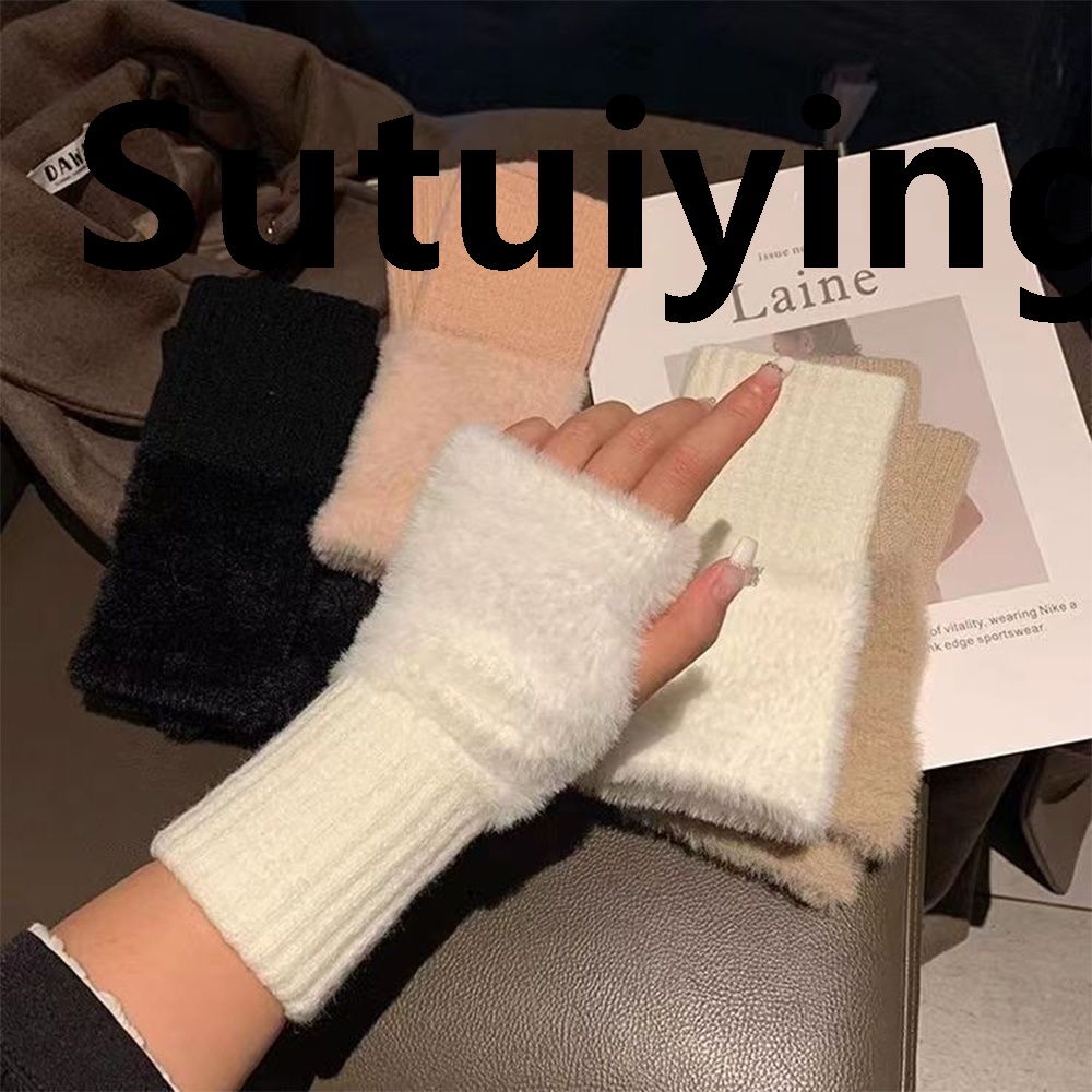 Sutuiying 1 Pair Winter Women's Warm Gloves, Half Cut Open Finger Knitted Gloves, Cute and Versatile, Suitable For Outdoor Cycling