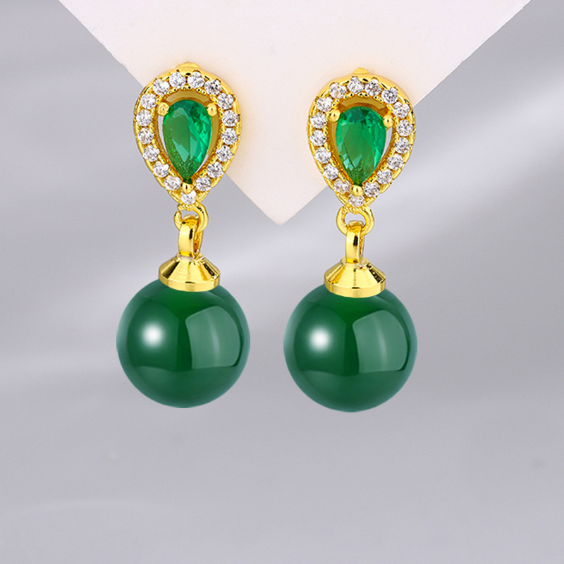 Kuaishou Douyin Vintage Jade Imitation Green Agate Stud Earrings Women Ruby Topaz Zircon Rose Gold Earrings Wholesale