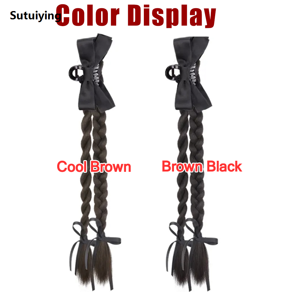 Sutuiying Synthetic Claw Clip Ponytail Braid With Butterfly Grip 18Inch Original Brown Black Twisted Braid Ponytail Claw Curly Hair Extension