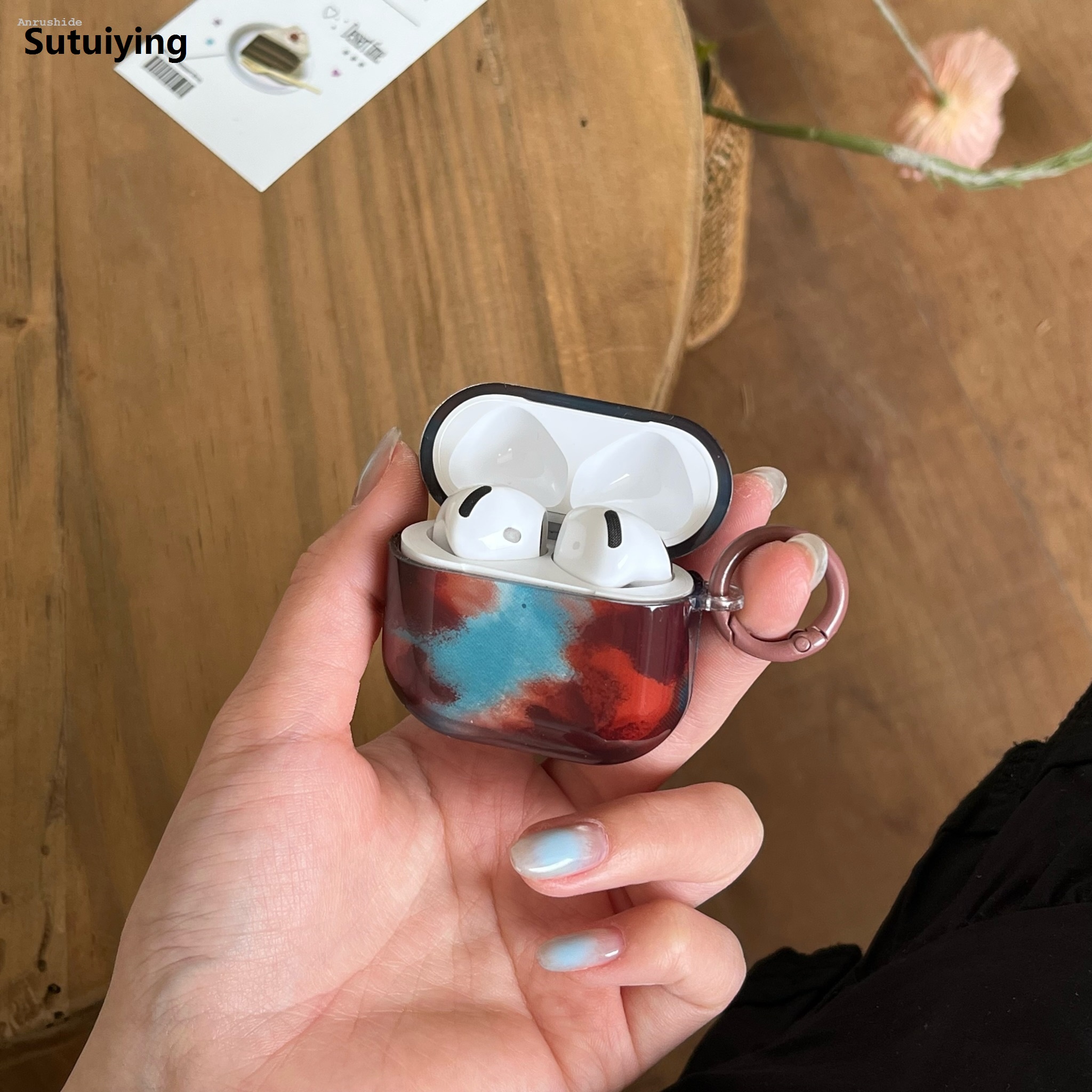 Sutuiying Fifty percent discount Anrushide Retro Fashion Blue Brown Amber Smudge Colour Mixture with Original Ring and Chair Pendant for AirPods 1 2 3 4 Pro Pro2