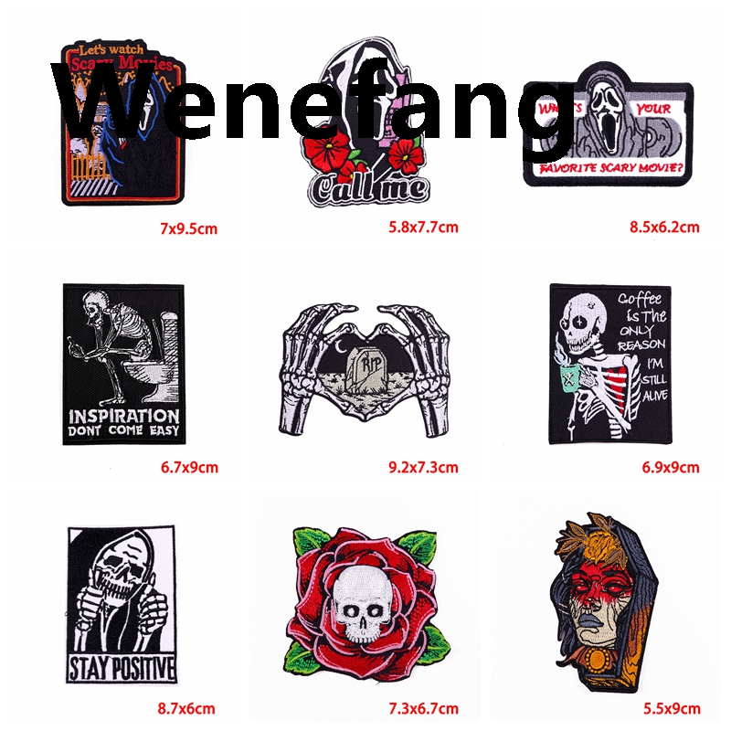 Wenefang 1PCS Horror Skull Embroiderd Patches Punk Horror Movie Embroidey Hot Selling Patch Iron On Patches For Clothing Jackets DIY Sewing Patch