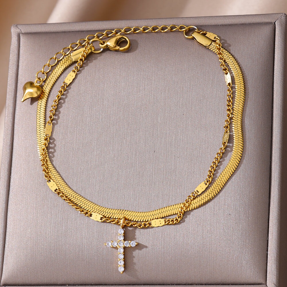 Minimalist Golden Cross Anklets Cross Stainless steel Zircon Cross Anklets Bilayer Stainless Steel Cross Anklet Woman