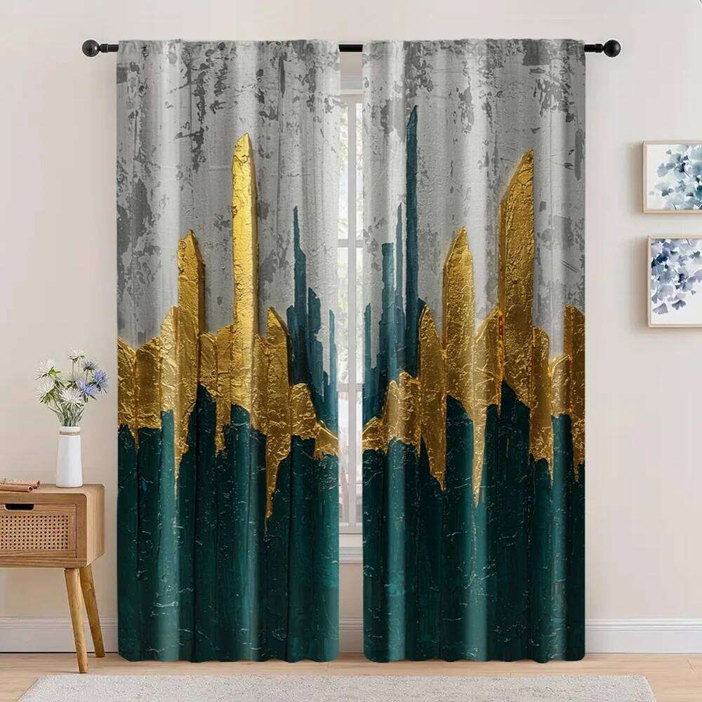 2pcs, spring summer Green gray green and gold foil abstract Prints Light Filtering Curtains Polyester Home Decor Use