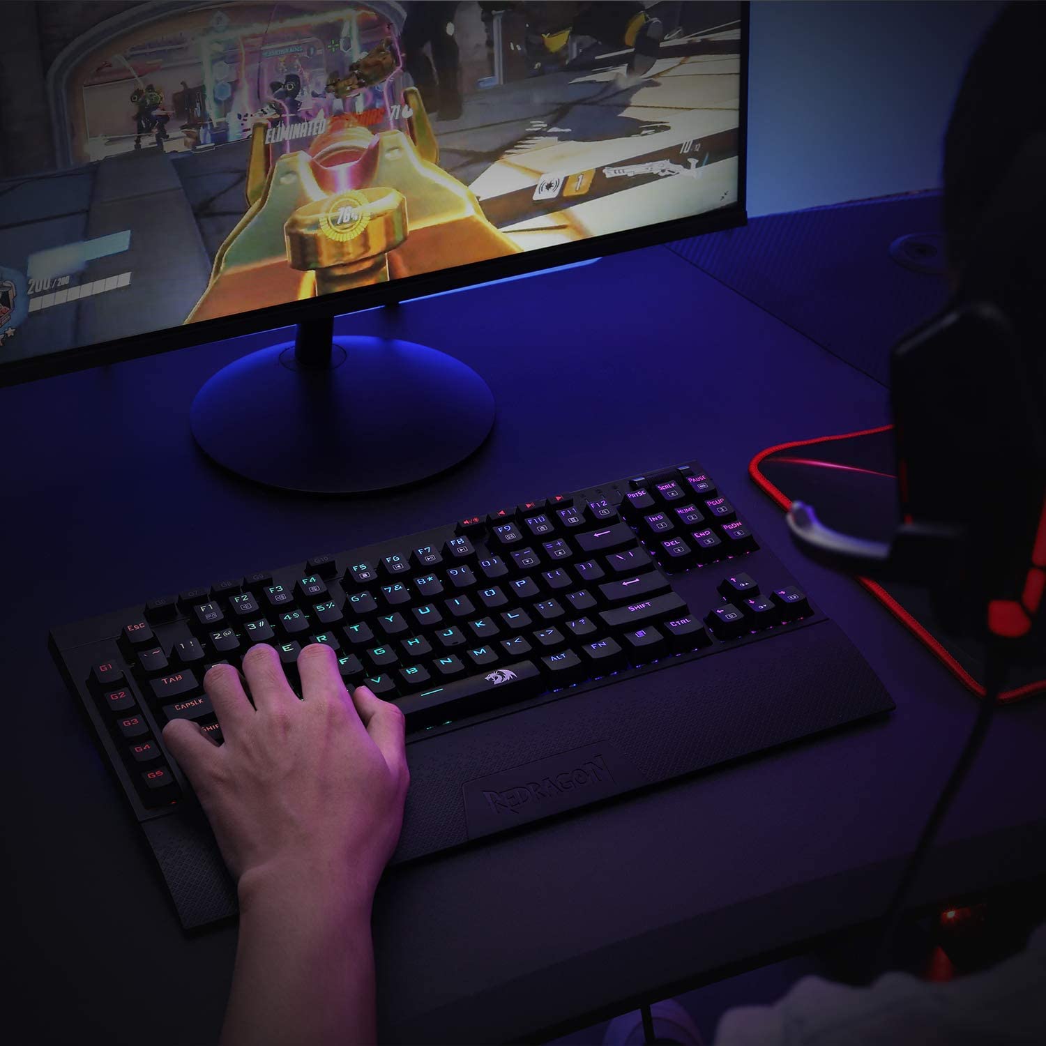 Redragon K596 Vishnu 2.4G Wireless/Wired RGB Mechanical Gaming Keyboard, 87 Keys TKL Compact with 3000 mAh Battery, 10 Onboard Macro Keys & Wrist Rest, 10H Play Time, Red Switches