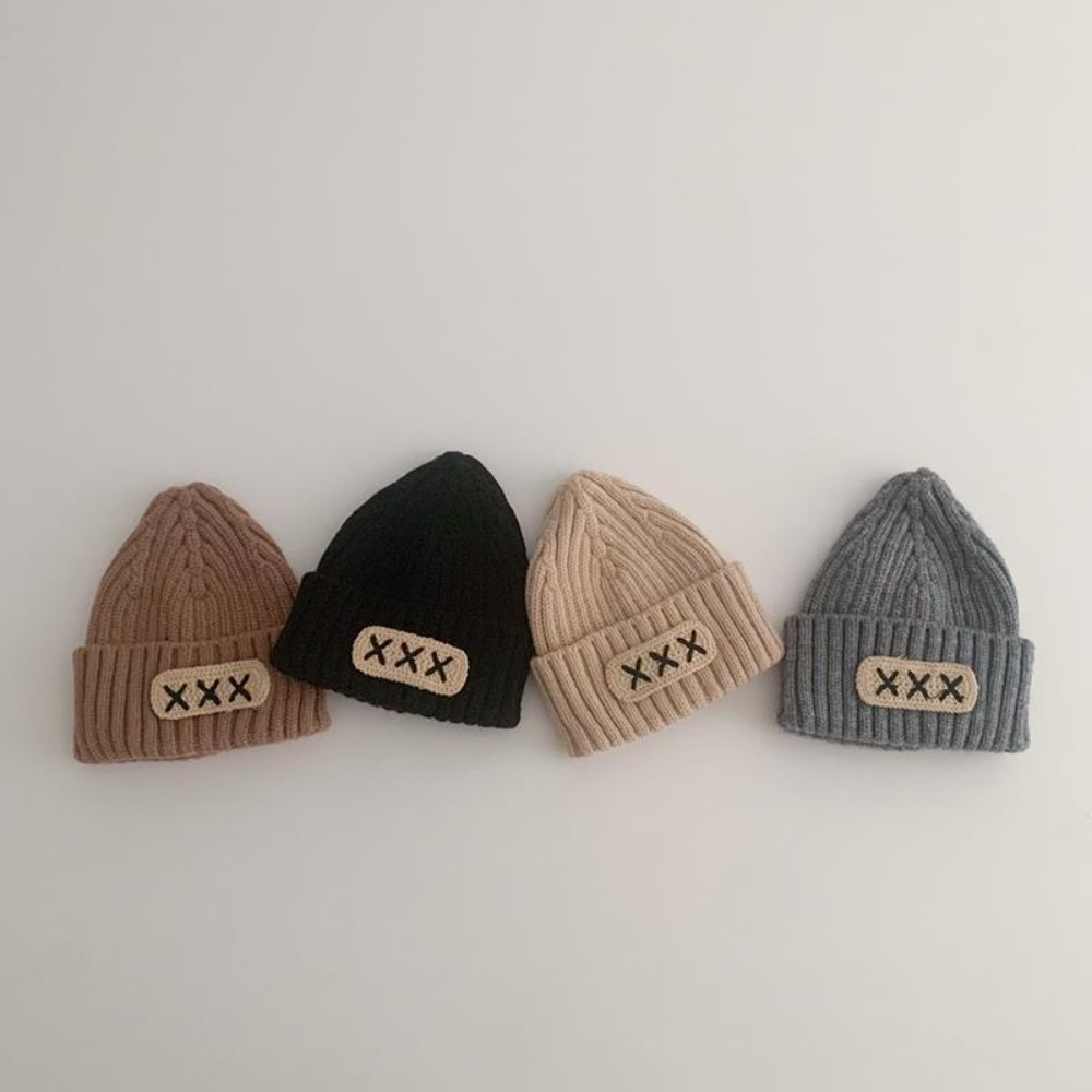 New Double Wool Knitted Hat Letter Embroidery Solid Color Beanie Caps Warm Baby Hat Winter