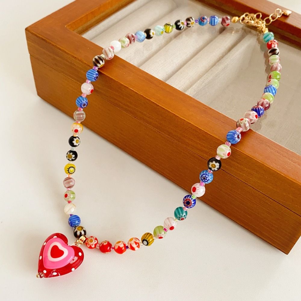 New Colored Necklace Adjustable Heart-shaped Pendant Neck Chain Sweet Dopamine Collarbone Chains for Women