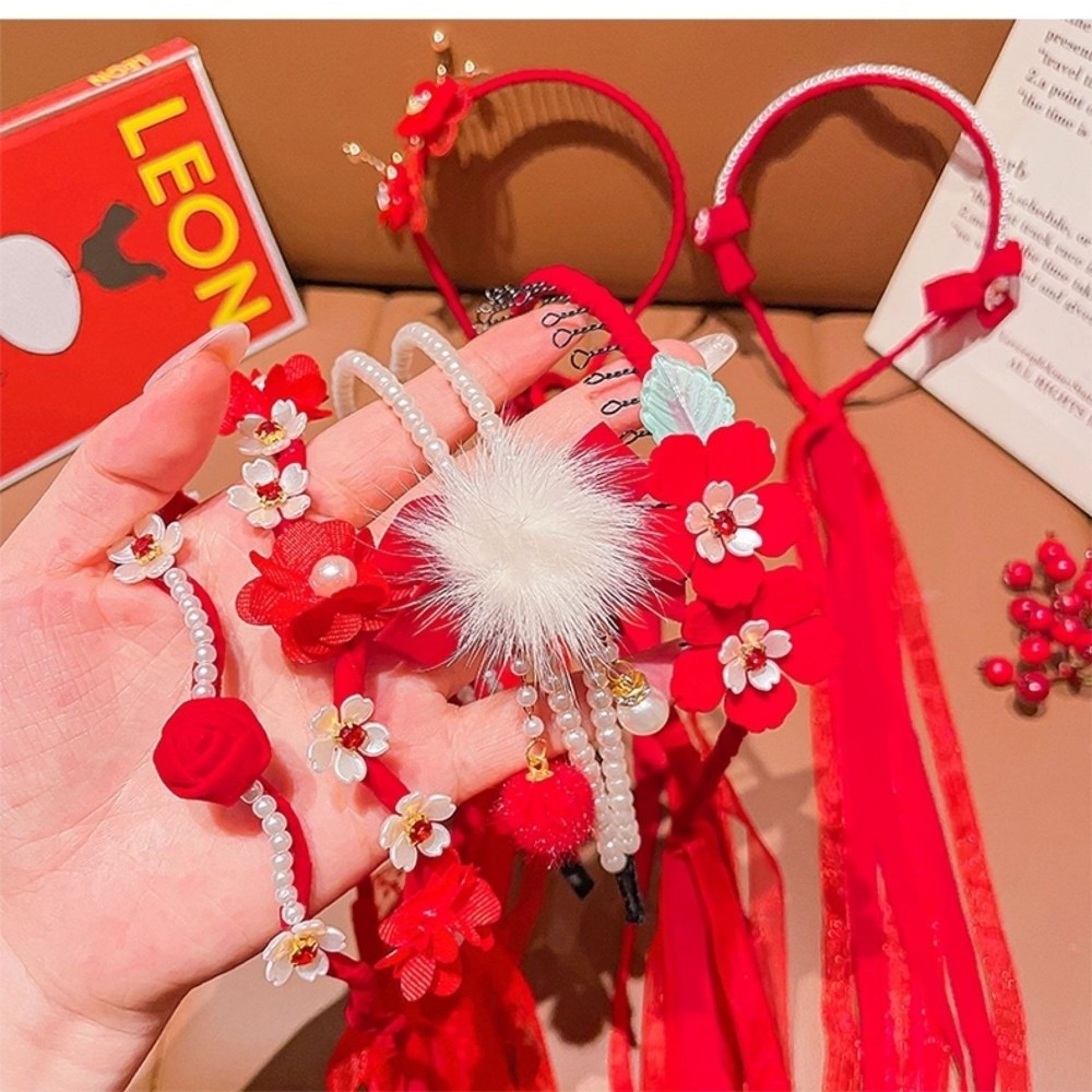 Butterfly Red Chinese Style Headband Plush Ball Flower Ancient Headwear Tassel Cute New Year Hair hoop Home