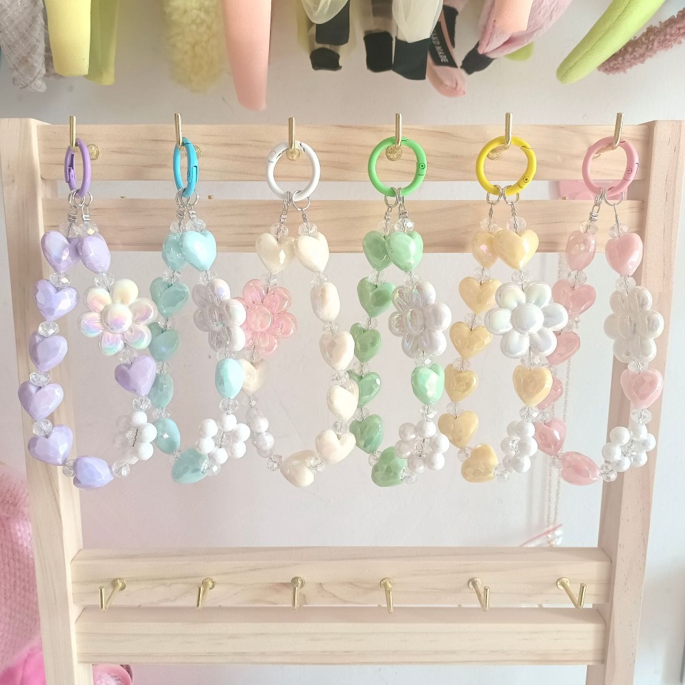 Cute Plastic Phone Charm Heart Shape Colorful Bead Bag Pendant Flower Shape Key Chain Key Hanging
