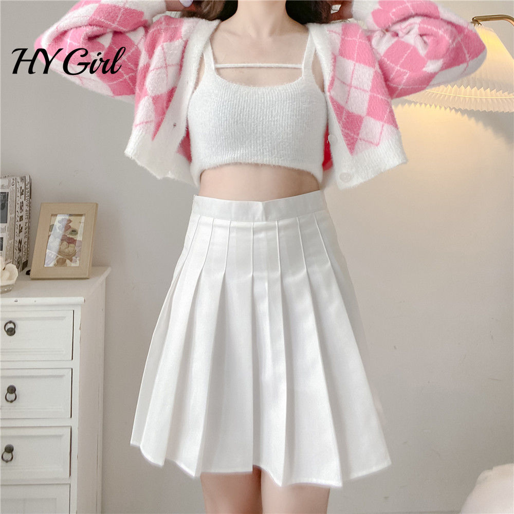 HYgril Pleated Skirts for women White 2022 Spring and Autumn Elastic Small A-e korean style High Waist Short Skirt Summer