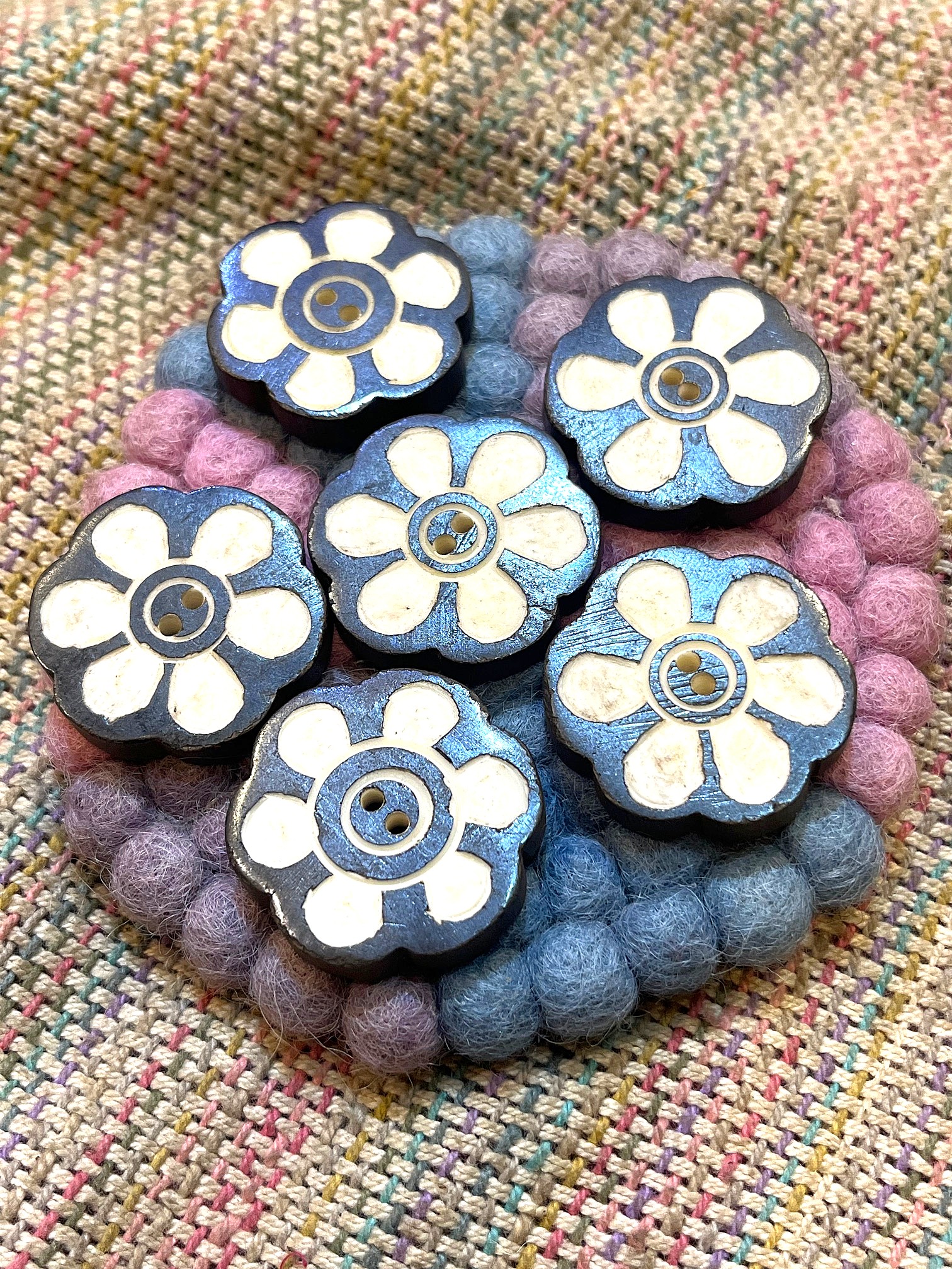 Handcarved Buttons 32mm Black Flower Set of 6pcs