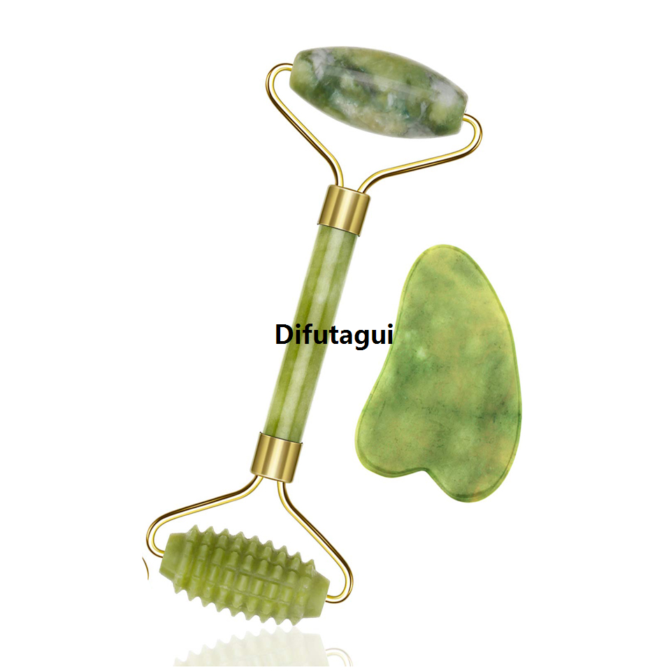 Difutagui Green Natural Beauty Double Thorn Head Roller Jade Roller Facial Portable Massage Stones for Face Neck Back Jawline Relaxation Slimming