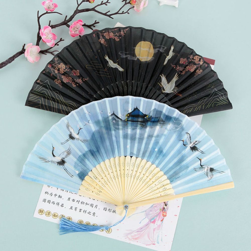 Portable No Deformation Folding Fan Bamboo Handle Handheld Props Fan Silk Fabric Handmade Dance