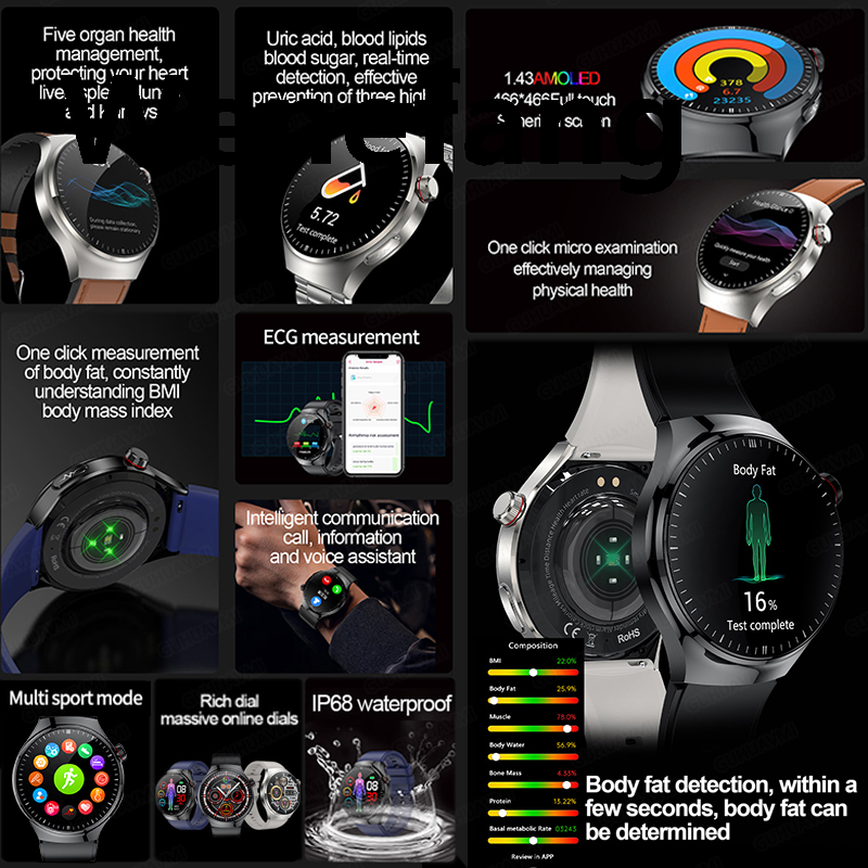 Wenefang New Health measurement Smart Watch ECG+PPG Blood Lipid Blood pressure 【2025 Version】 Uric Acid HRV Tester AMOLED HD Call Women Men Smart Watch