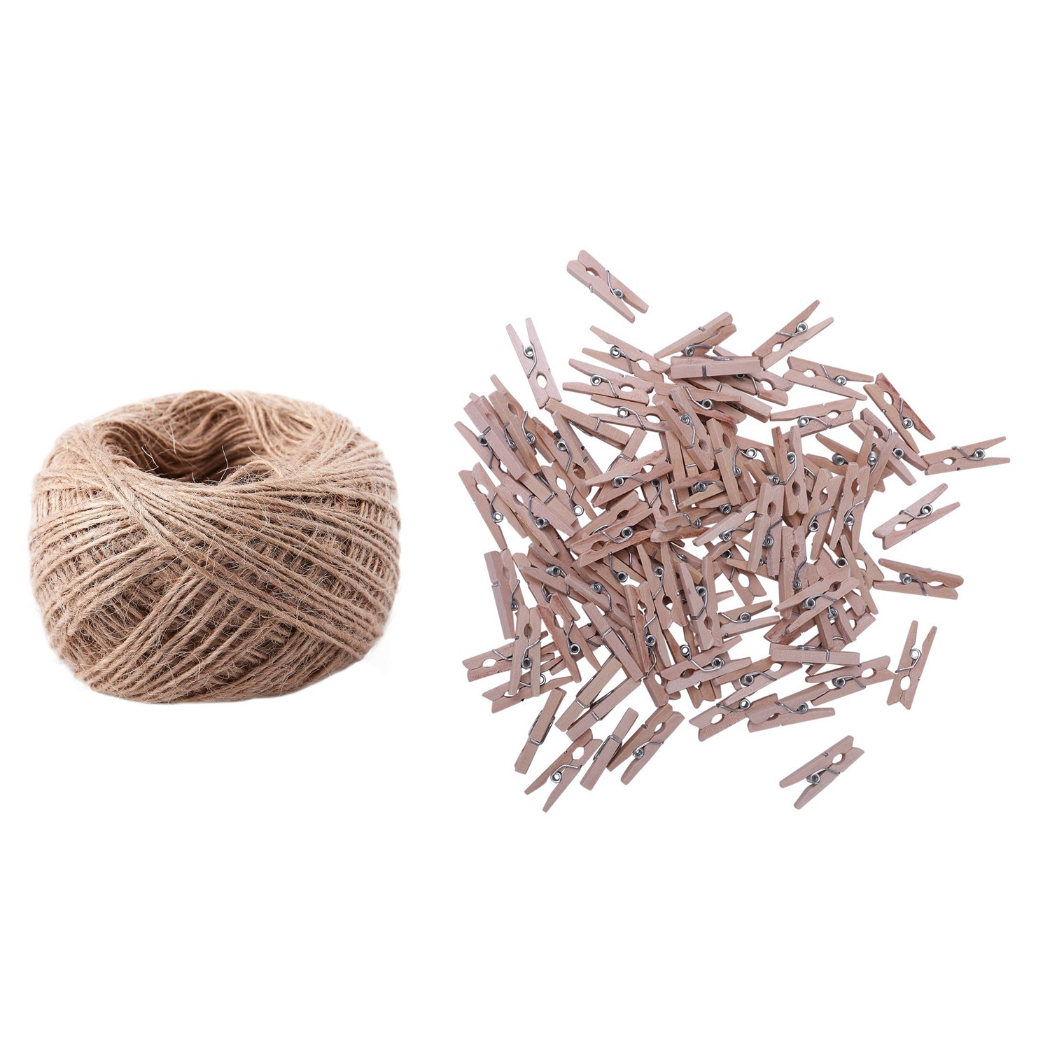 fasdaga 100 Pcs/Set 25mm Mini Wooden Clip Pin Line Photo Baby & 1 roll 100 Meter Natural Textured Hessian Twine String 1mm