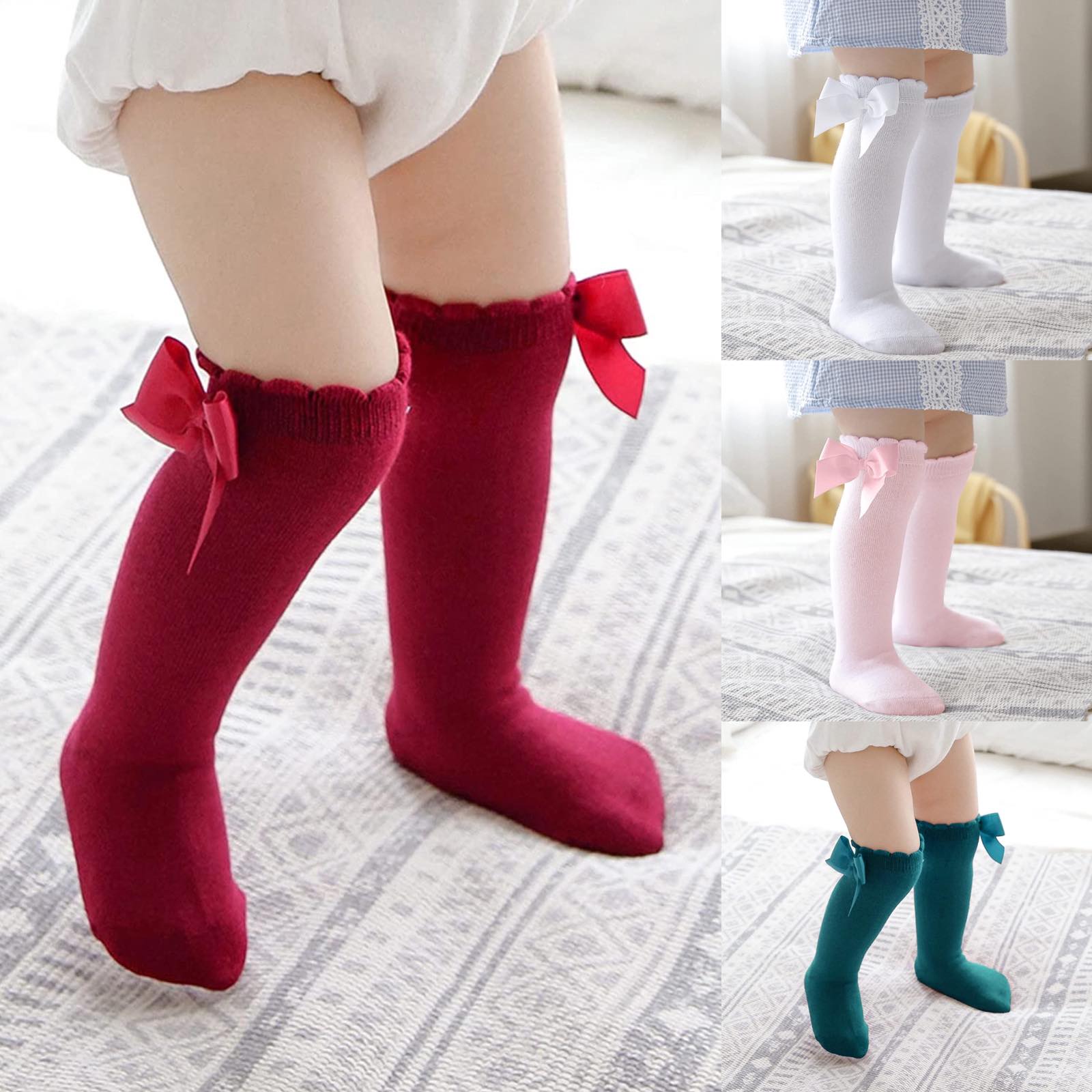 CozyKids - Baby Girls Knee High Socks Infant Bow Stockings Non-Slip Solid Socks Kids Mid-Calf Length Princess Sock