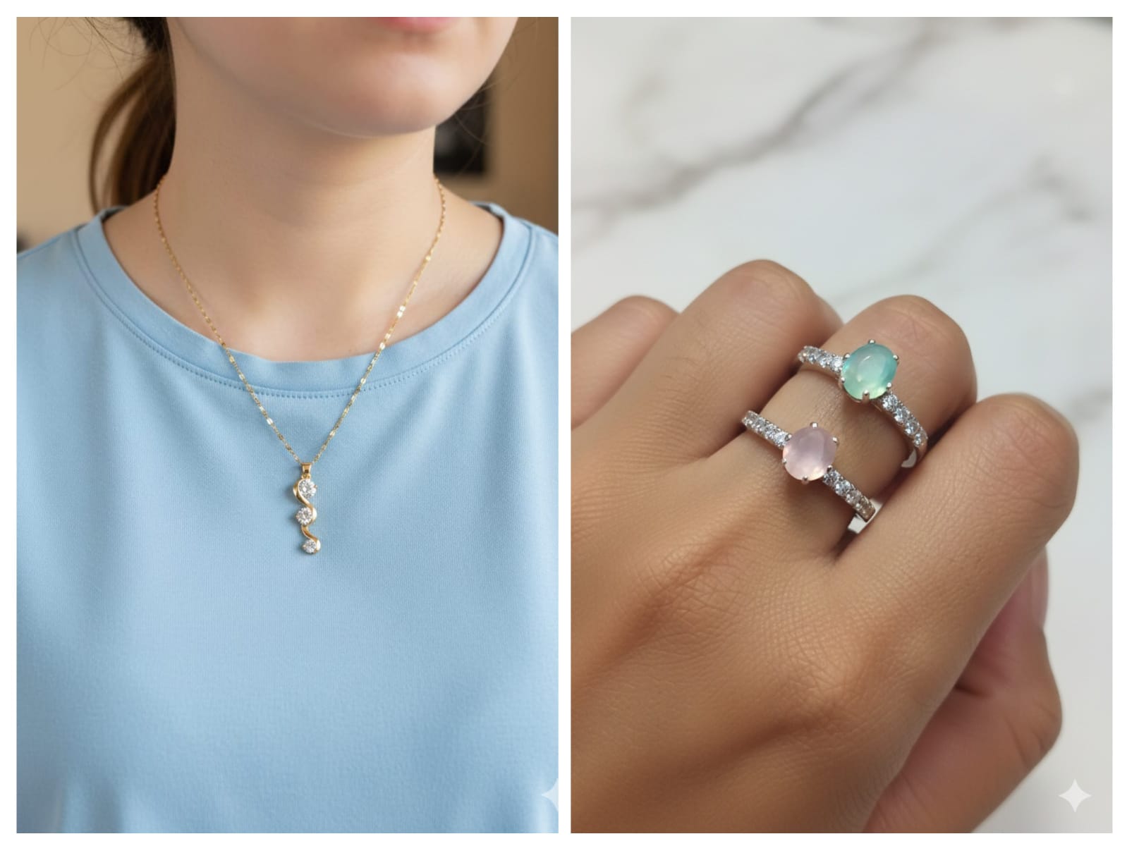 Stainless Steel Cubic Zirconia Drop Pendant Necklace With 1 Pcs Adjustable Finger Ring