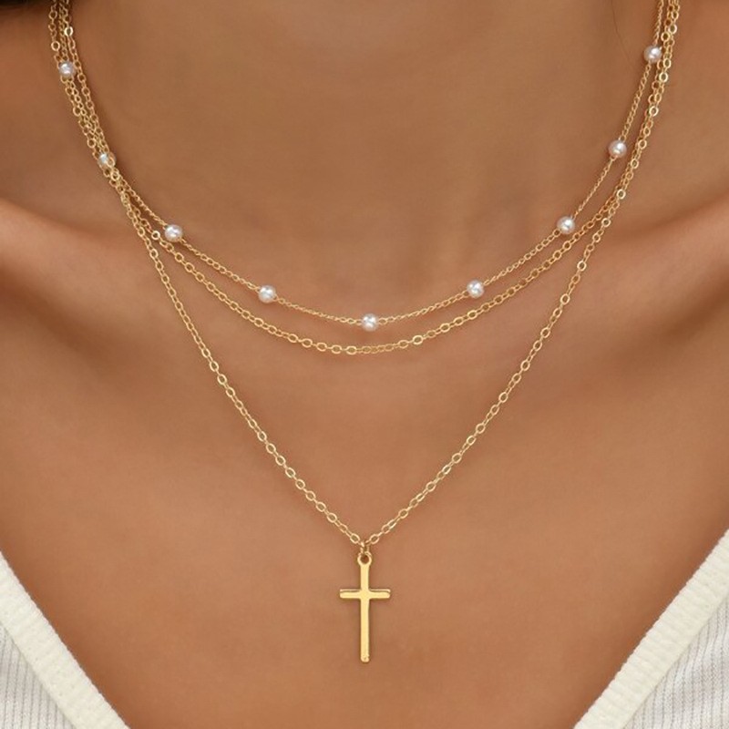 14K Gold Plated Layered Cross Necklace for Women with Pearl Bead Chain, Dainty Simple Cross Choker, Trendy Faith Jewelry Gift