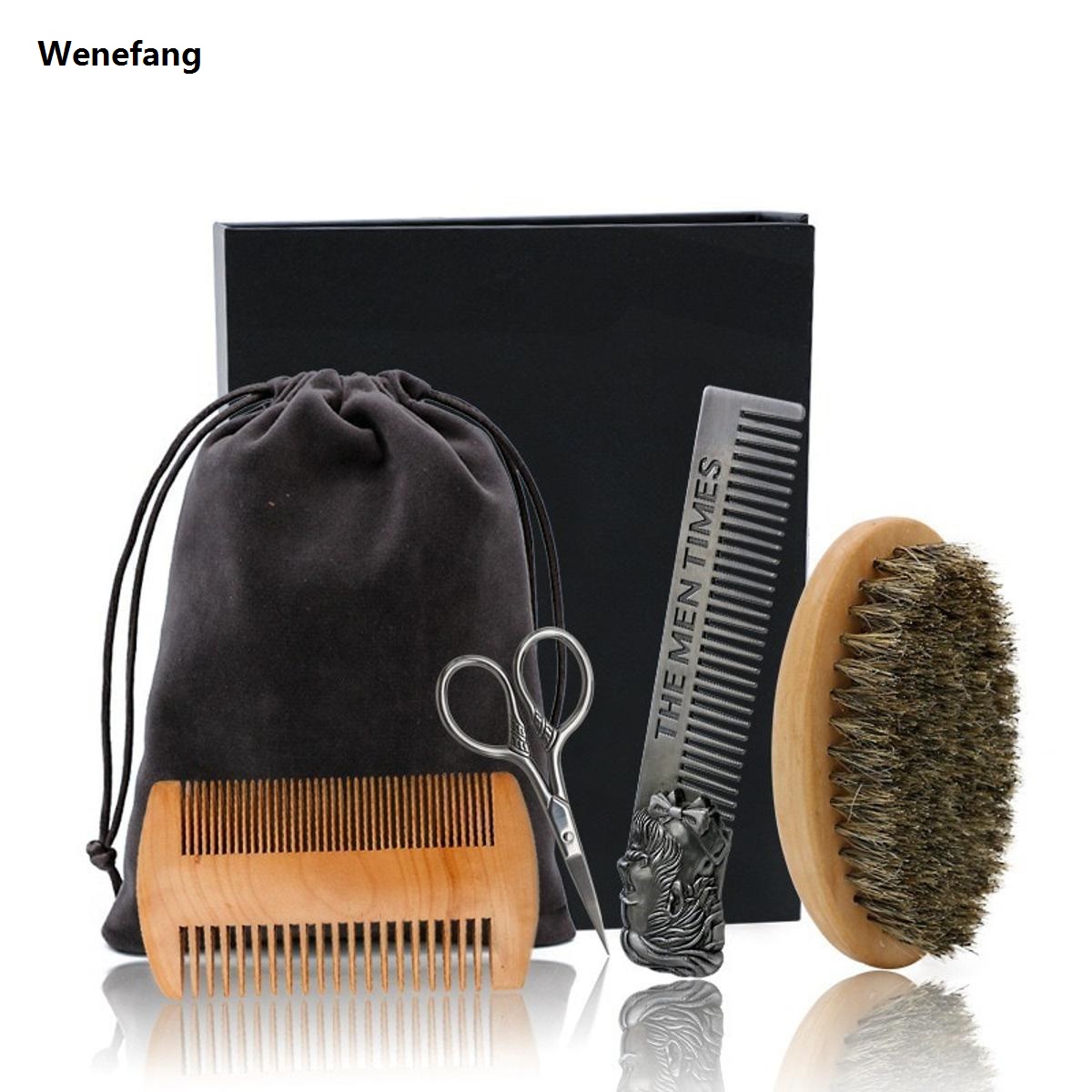 Wenefang Beard Brush Set Double-sided Styling Comb Scissor Repair Modeling Profesional Cleaning Care Kit for Men Wood Beard Kit with Bag