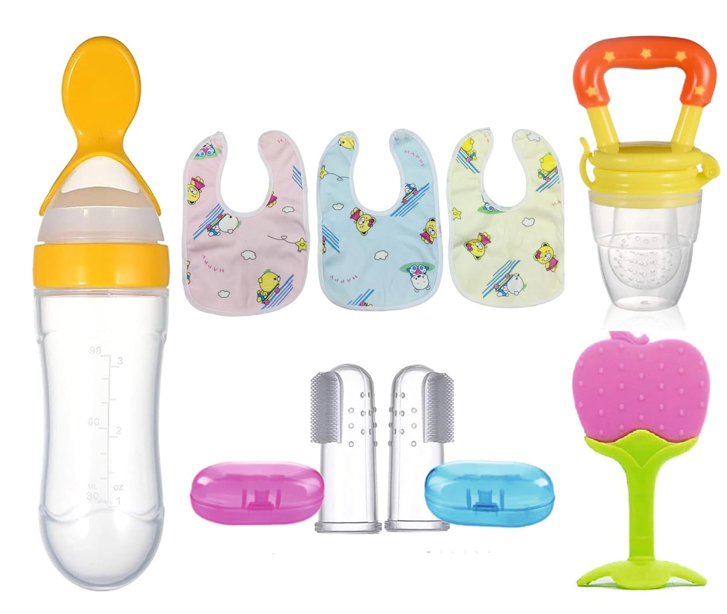 Silicone Baby Food Dispensing Spoon Bottle 90ML, Fruit Feeder/Nibbler/Pacifier, Fruit Shape Teether, Finger Toothbrushes (2pcs), Baby Bibs (3pcs) - Combo of 8