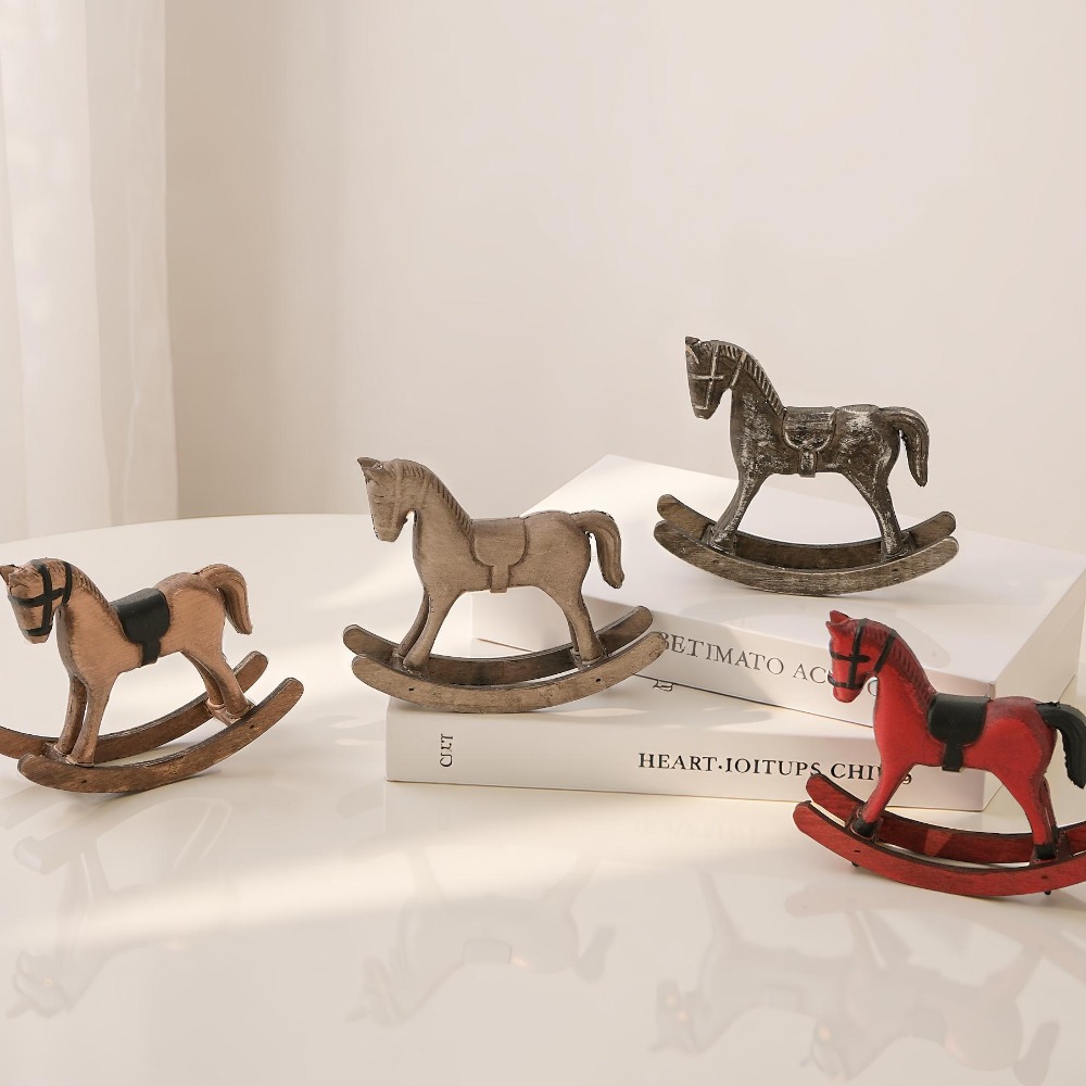 Creative Retro Wooden Rocking Horse Ornament Year of The Horse Mascot Desk Decor Horse Figurine Hand Carved Horse Balance Art Adornment Xmas Kids Gift