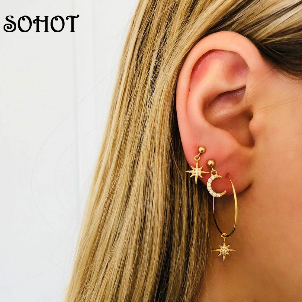【Happy LifeStore】SOHOT 2023 New 2pairs Wo Asymmetry Set Hoop Earrings Cute Imitation Star Moon Brincos For Lady Jewelry