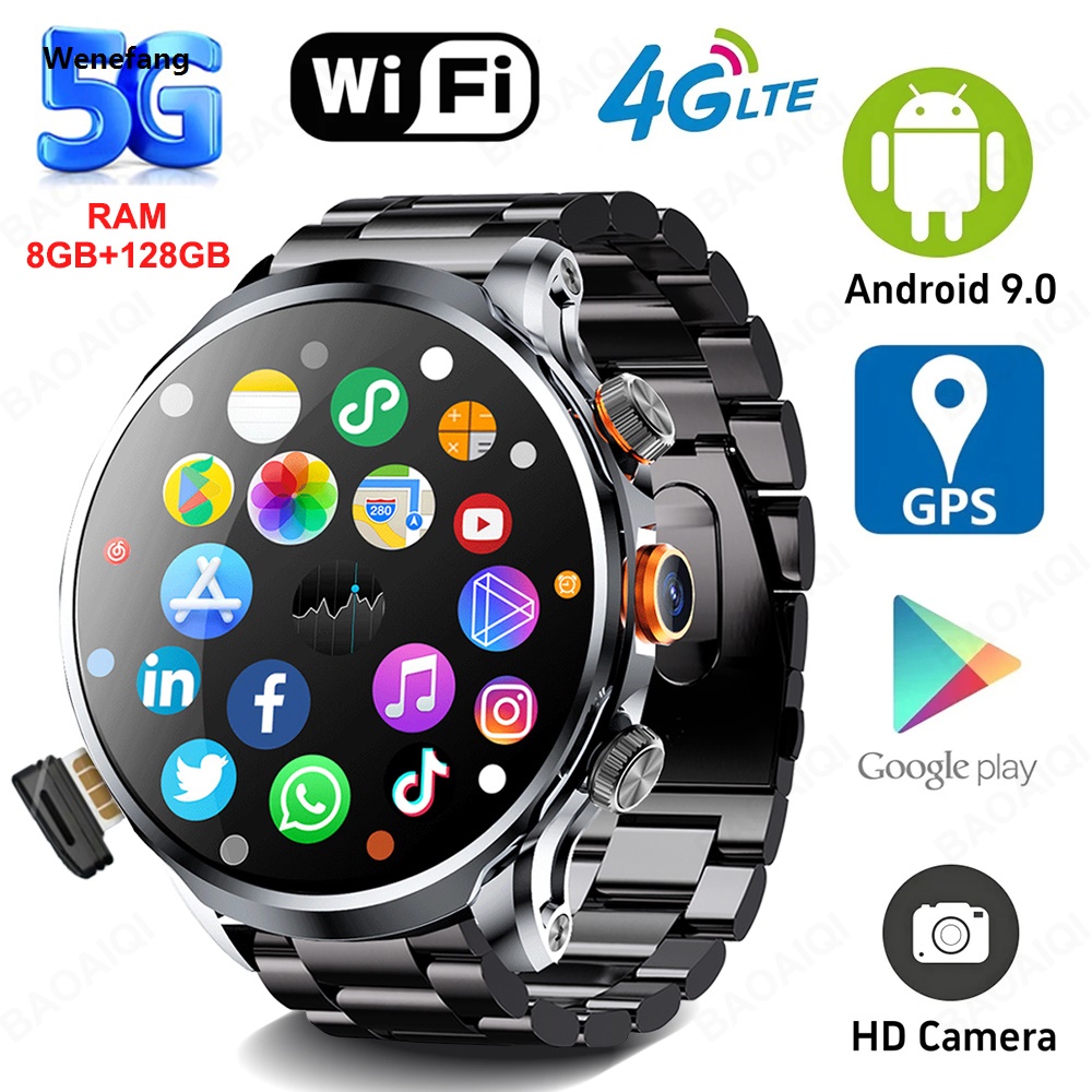 Wenefang 5G/4G Android 9.0 Smart Watch 1.95 inch AMOLED 1100mah Battery 500W 2025 Camera Watches 8GB+128GB RAM GPS WIFI Google APP Smartwatch