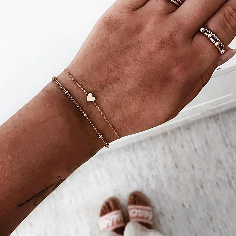 【Hottest Trends】Simple Natural Alloy Gold and Silver Double Color Heart Beads Double Layer Bracelet Women's Jewelry