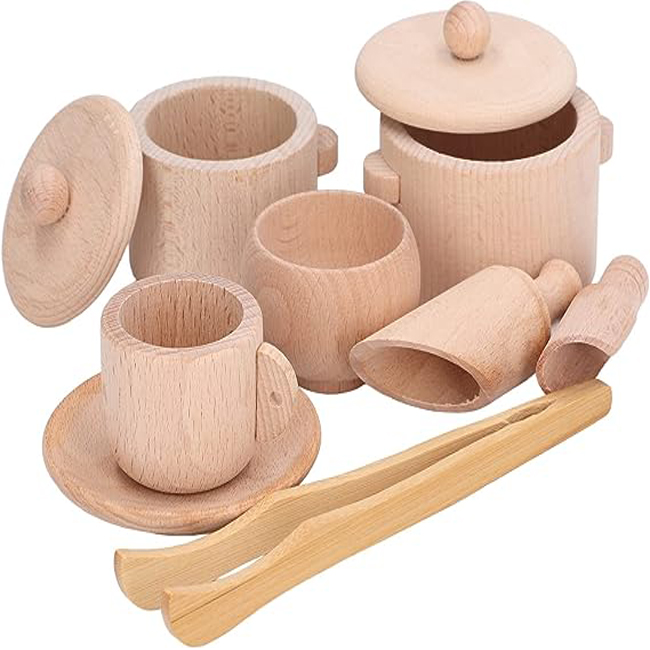 Montessori Wooden Tea Party Set for Toddlers - 8-Pieces Pretend Play Kitchen Toys for Kids | Educational Toy with Tongs, Cups, Pots & Scoops