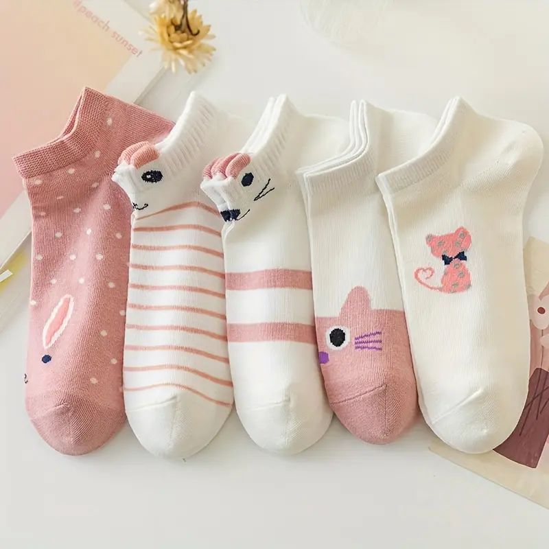 Women's Cute Short Tube Socks - Trendy Pink Cat Design Rabbit Design And C- Design , Ultra-Comfortable Fabric, Soft Low-Top Boat Socks for Stylish All-Season Wear - Cutest Design Ever By 99 Store
