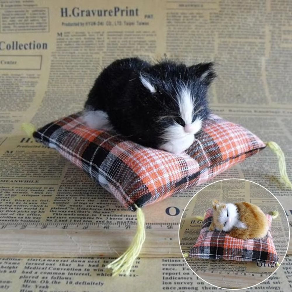 Mini Kawaii Kitty Sleeping Cats Toy Lifelike Cloth Plush Simulation Fur Cat on Cushion Exquisite Cute Animal Doll Kids Gift