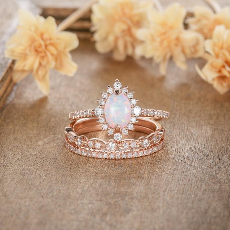 【Qian poem li Store】3Pcs / Set Of Exquisite Ring Oval White imitation Fire Opal Jewelry Proposal Anniversary Gift Ring Bride Wedding Ring