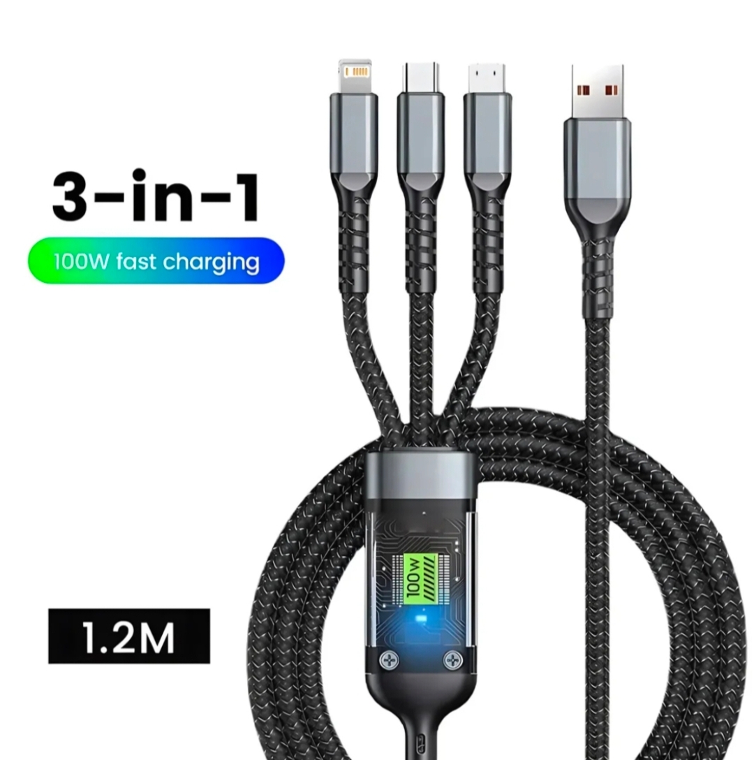 100w Transparent 3 In1 super fast charging Data Cable with lighting/Type c/Micro USB