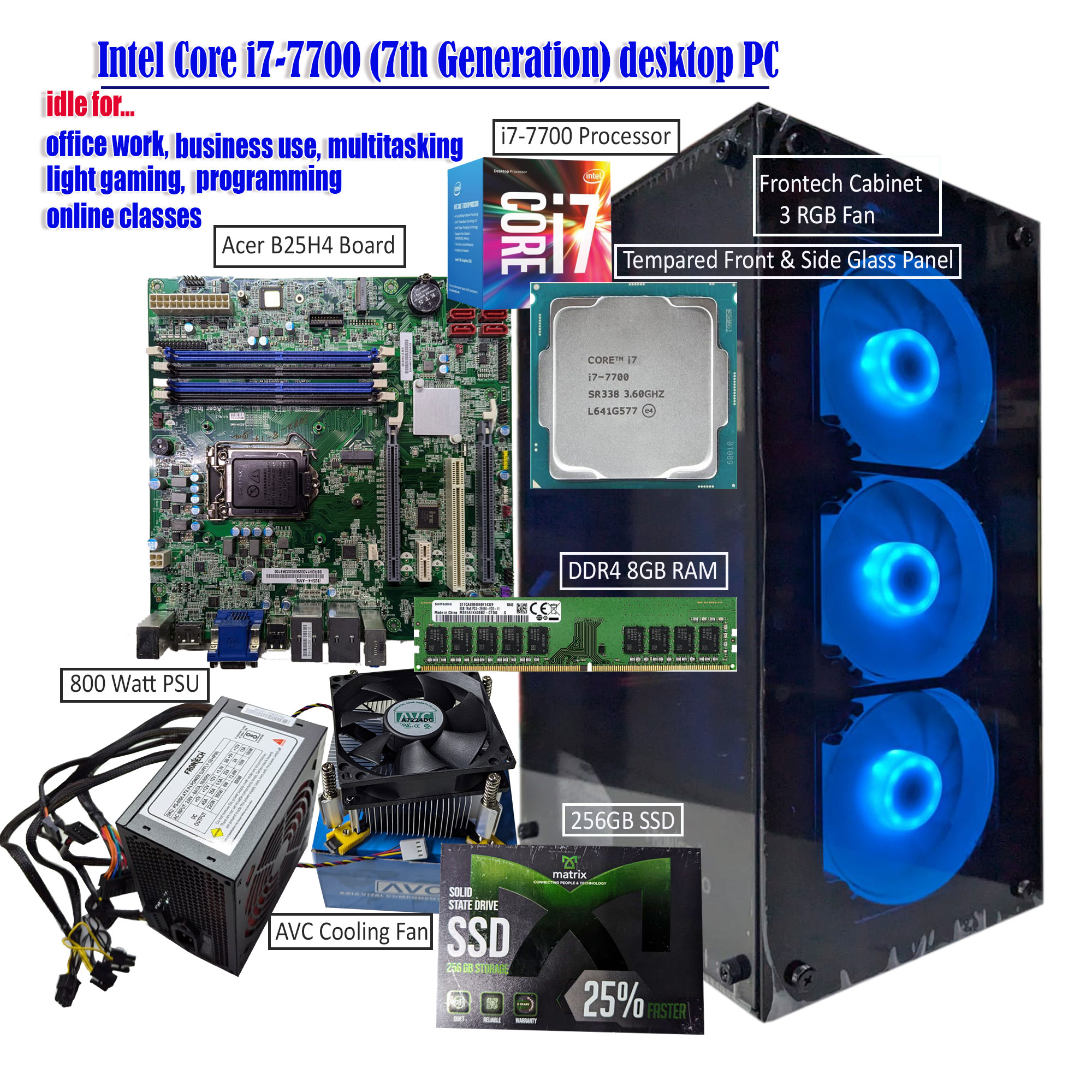 Desktop PC I7 7th Generation for office work, business use, multitasking, programming, online classes, and light gaming
