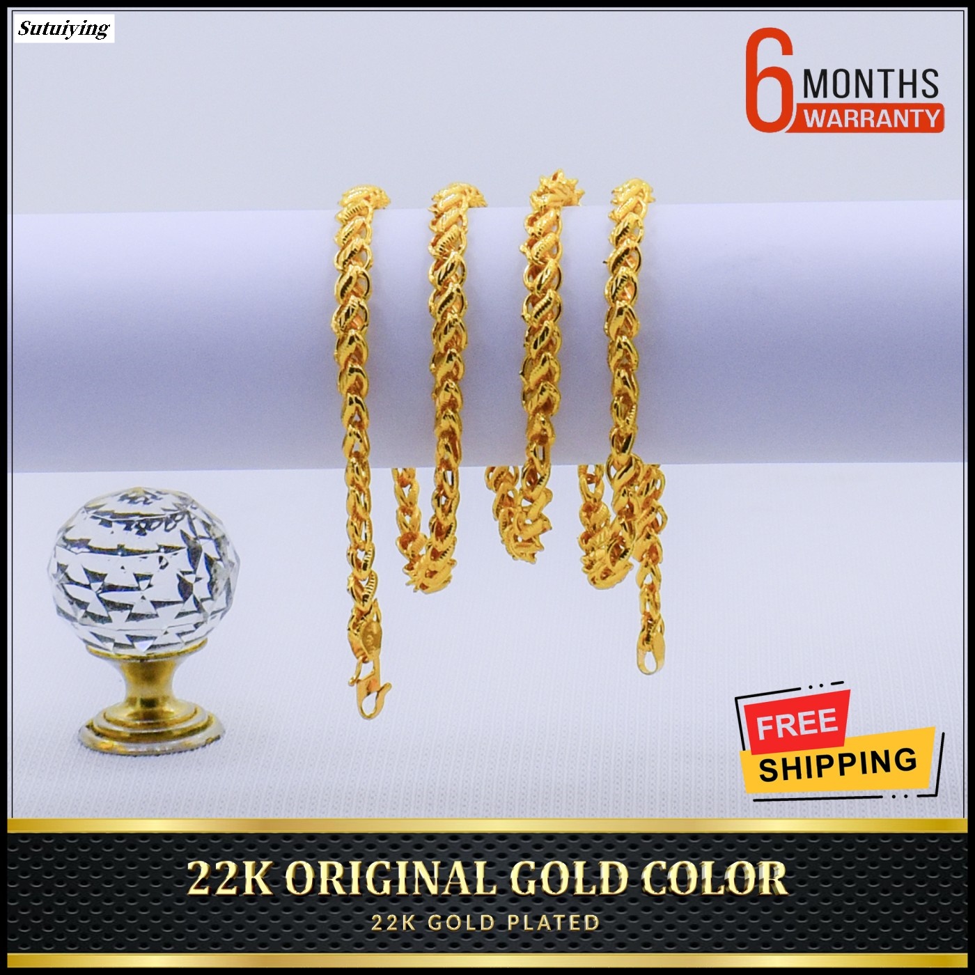 Sutuiying 22K Gold Plated Unisex Wheat Spiga Chain 6MM 18 24 Inch Wheat Spiga chain Necklaces for Women Men Luxury Fashion Fashion Party Wedding Engagement Jewelry Gifts Original 22K Gold Color 24K Gold Replatable Classic Jewellary