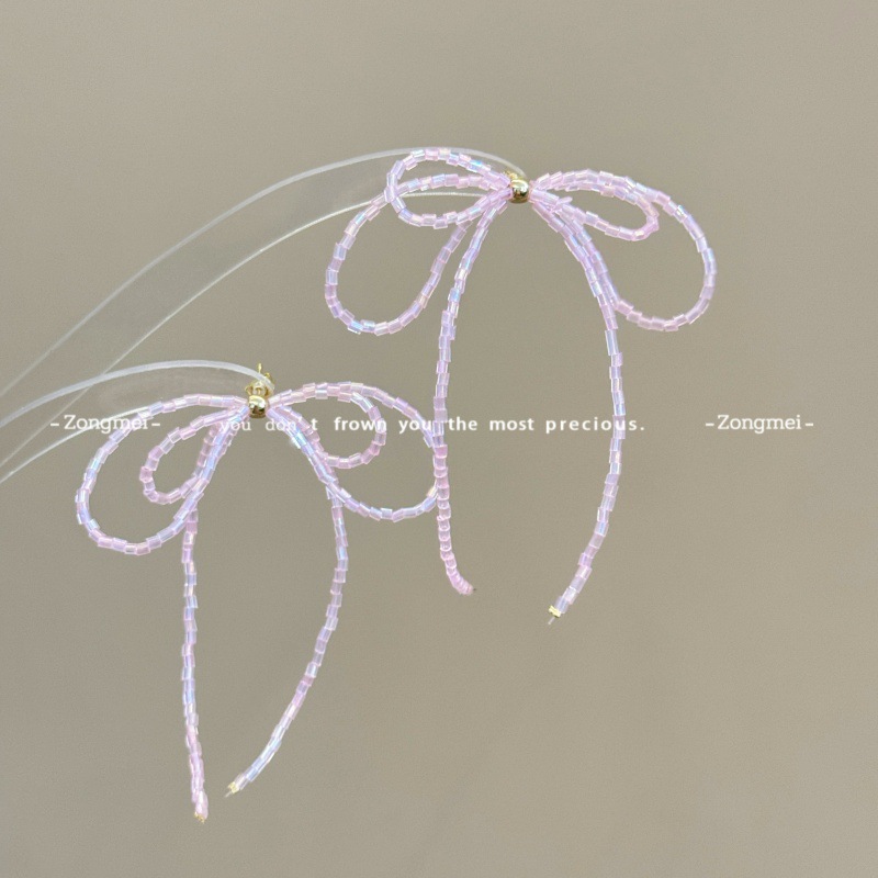 Gentle Midsummer Fairy Pink Bow Beaded Tassel Stud Earrings Female Versatile Sweet Ageing Holiday Earrings Earrings