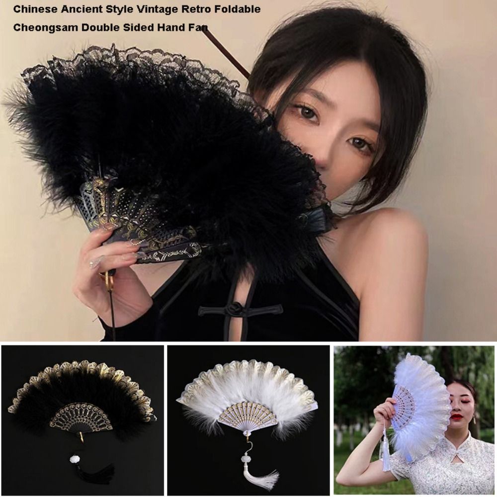 New Elegant Vintage Hand Fan Lace Multicolor Wedding Party Bride Fan Photography Prop Chinese style Hanfu Accessories White Fur Folding Fan Hand Held Party Decoration