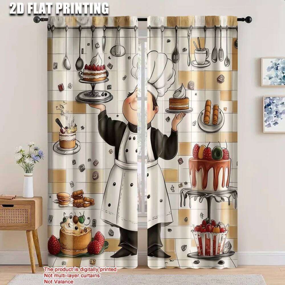 2pcs, spring summer Curtains Baker Pastries Kitchen Art Digital Print Drapes Versatile Durable Polyester Home Decor Ldeal for