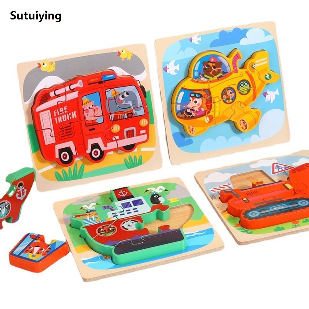 Montessori Toys Puzzle Wooden Hand Grab Board Early Educational Tangram Jigsaw Cartoon Animals Fruits 3D Puzzles