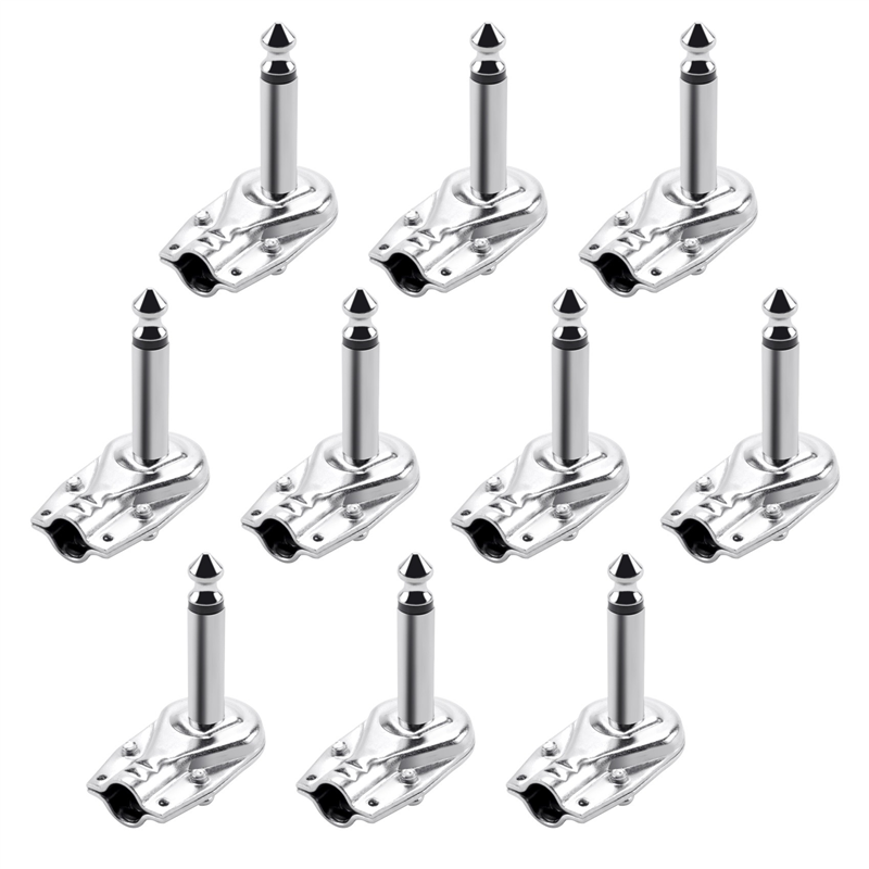 Sojhoop 10Pcs 90Degree Right Angle 6.35 mm Mono 2 Pole Jack Plug 6.35mm Guitar Phono Pancake 1/4 Inch Connector,Silver