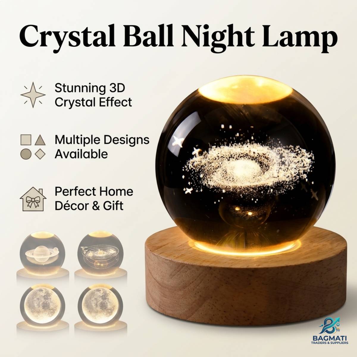 3D Crystal Ball Night Stand Lamp Moon, Galaxy, Lord Krishna & More